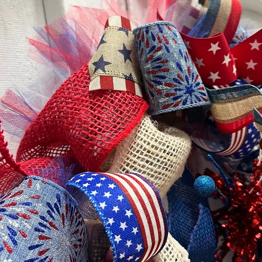 Welcome patriotic wreath, red white and blue mesh ribbon front door wreath.